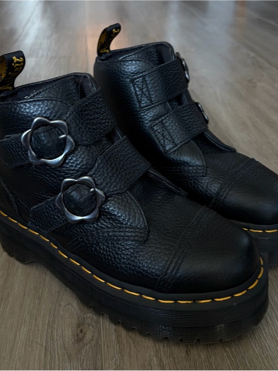 Dr. Martens Shoes - Dr. Martens Black Leather Platform Boots with Flower Buckles